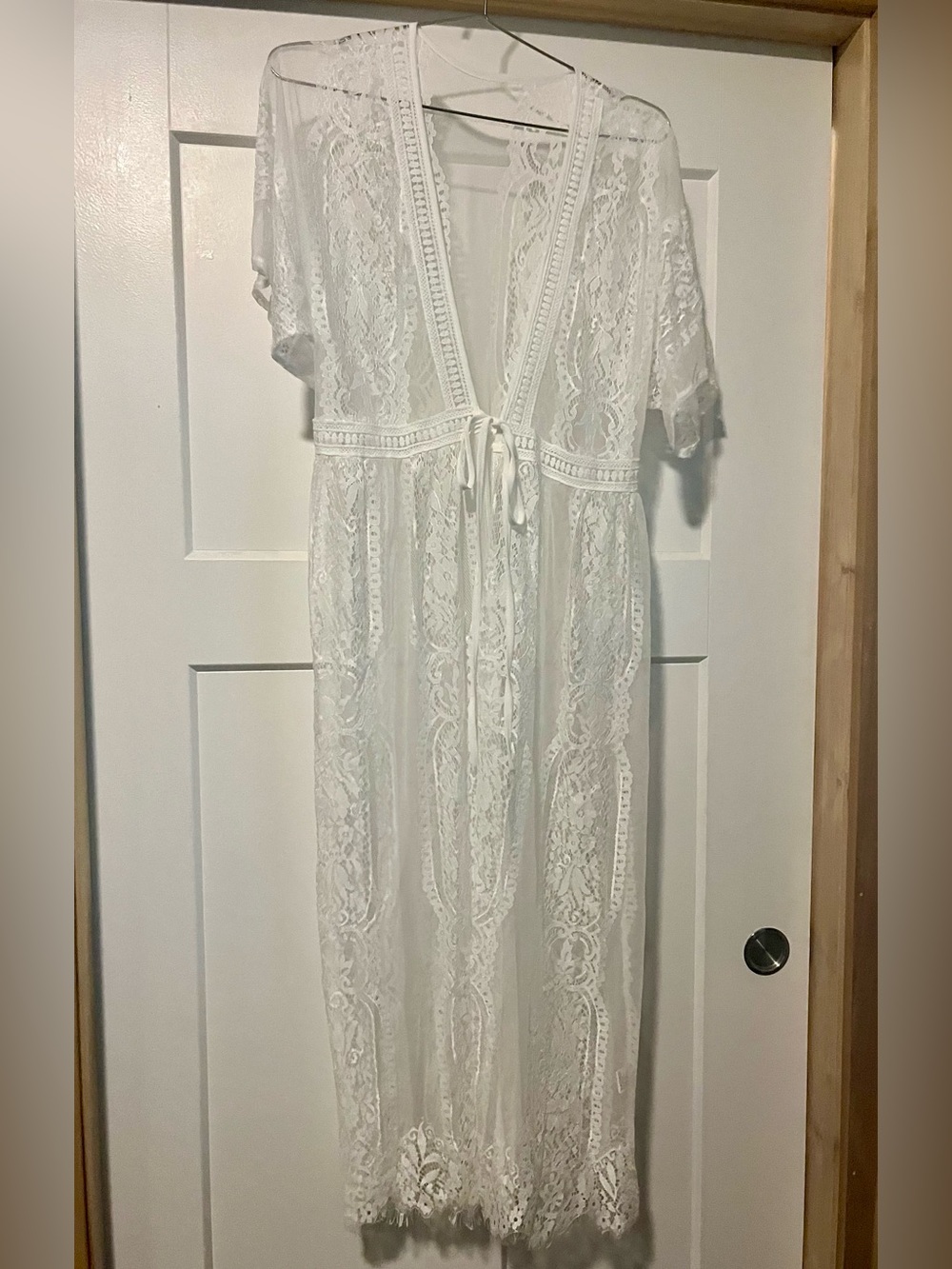 Women’s sheer lace long kimono cover-up featuring a deep V-neck delicate boho